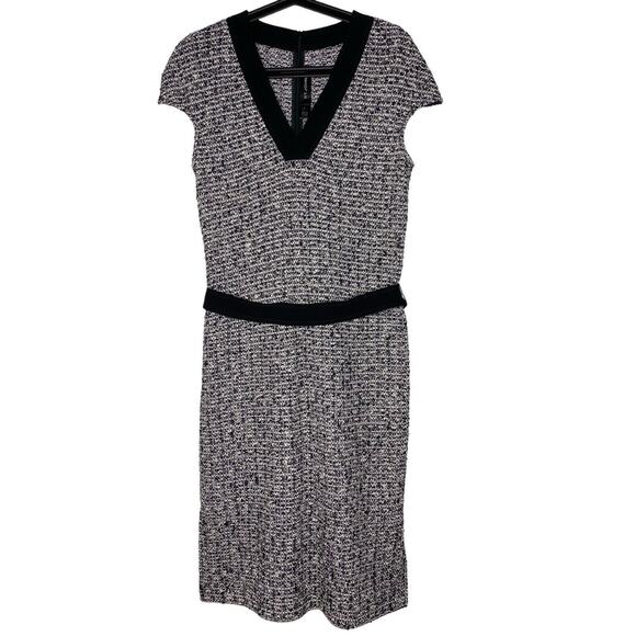 St John Size 4 Dress Boucle Tweed Wool Blend Belted Midi Cap Sleeve V-neck Black - Picture 1 of 14